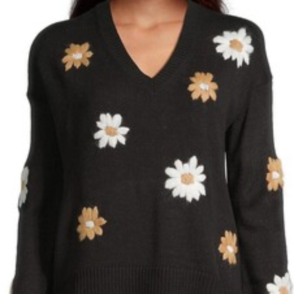 Lilly Pulitzer Tensley Black Embroidered Floral Motif V-Neck Sweater S NWT